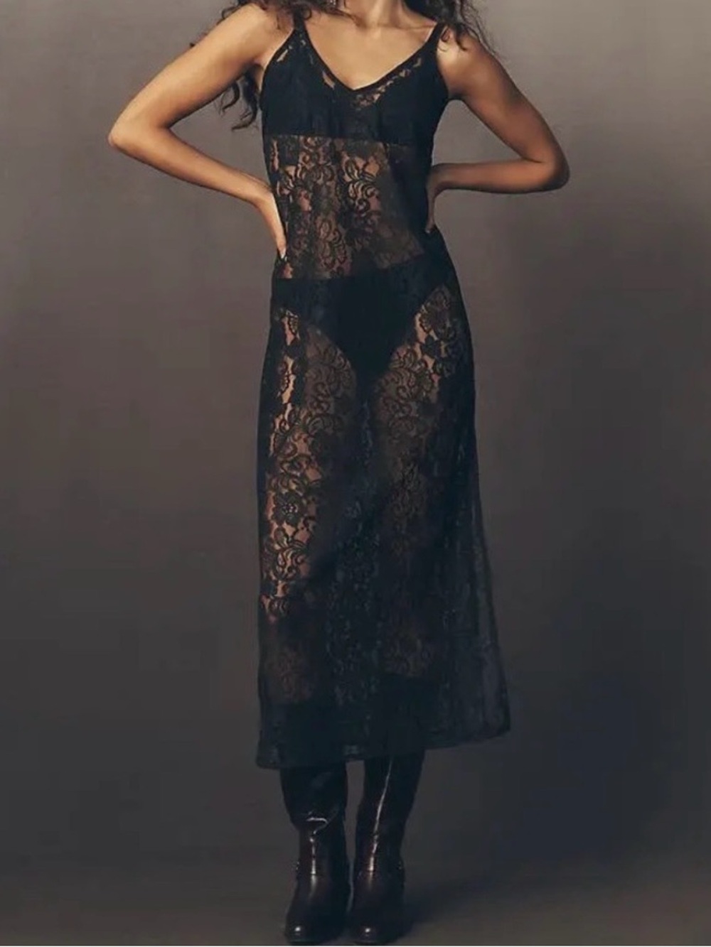 Anthropologie Black Sheer Lace Maxi Slip